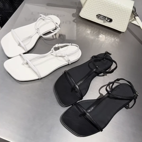 wm6女鞋时尚法式极简凉鞋夏季平底方头露趾真皮一字扣凉鞋2691-1