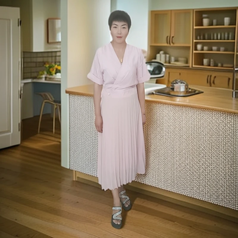 夏季新款气质纯色V领收腰显瘦百褶中长连衣裙女