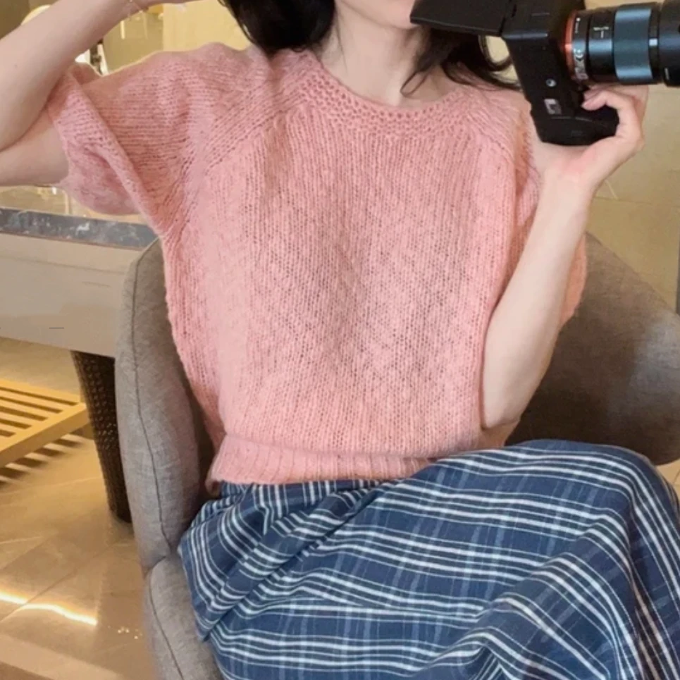 软糯温柔云朵纱针织衫2025新款春夏显瘦圆领短袖气质欧若风上衣