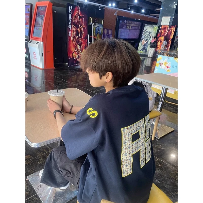 美式复古字母重工刺绣短袖纯棉T恤男夏季新款街头宽松藏青上衣潮