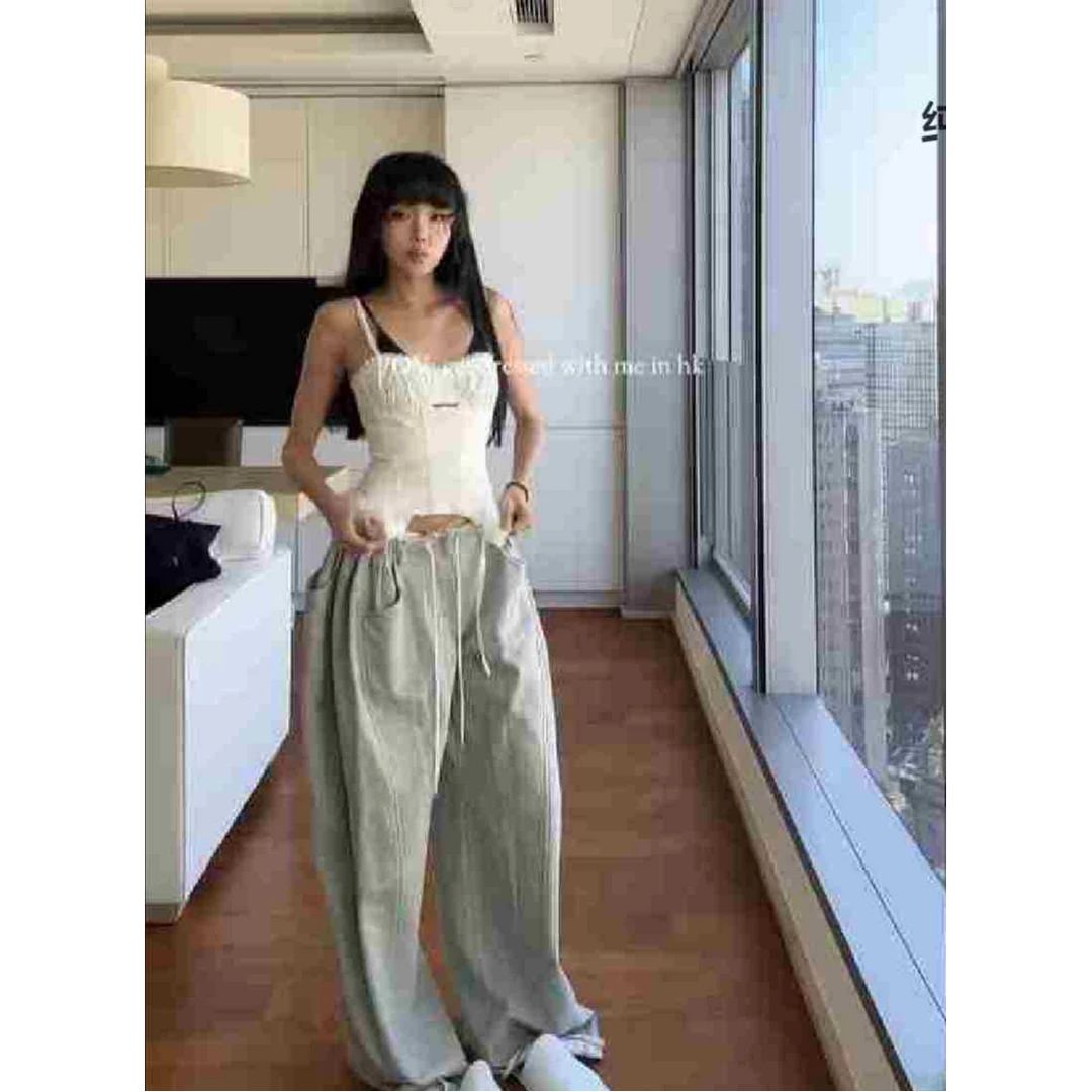 纯欲风性感吊带辣妹上衣复古宽松休闲长裤时尚两件套