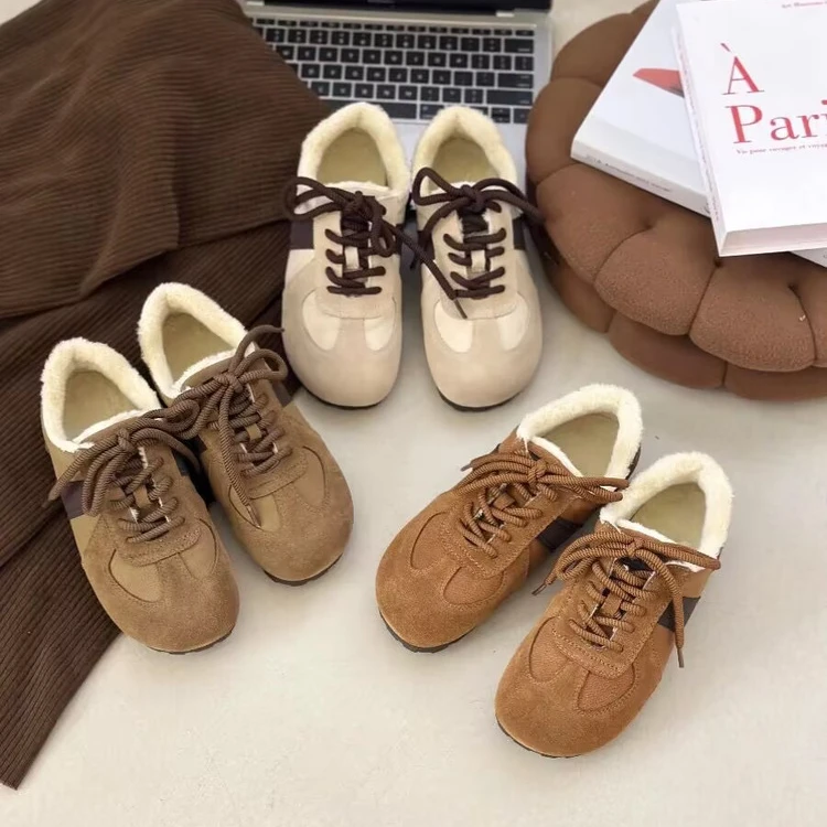 2025冬季新款时尚小众复古德训鞋加绒保暖平底休闲鞋二棉鞋女鞋