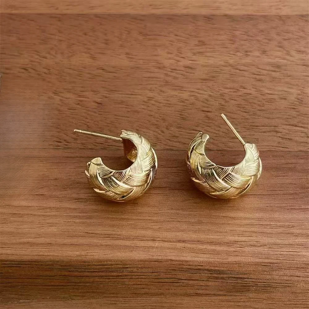 铜合金耳饰 中式耳环个性编织纹理设计女士耳钉复古金色镂空高