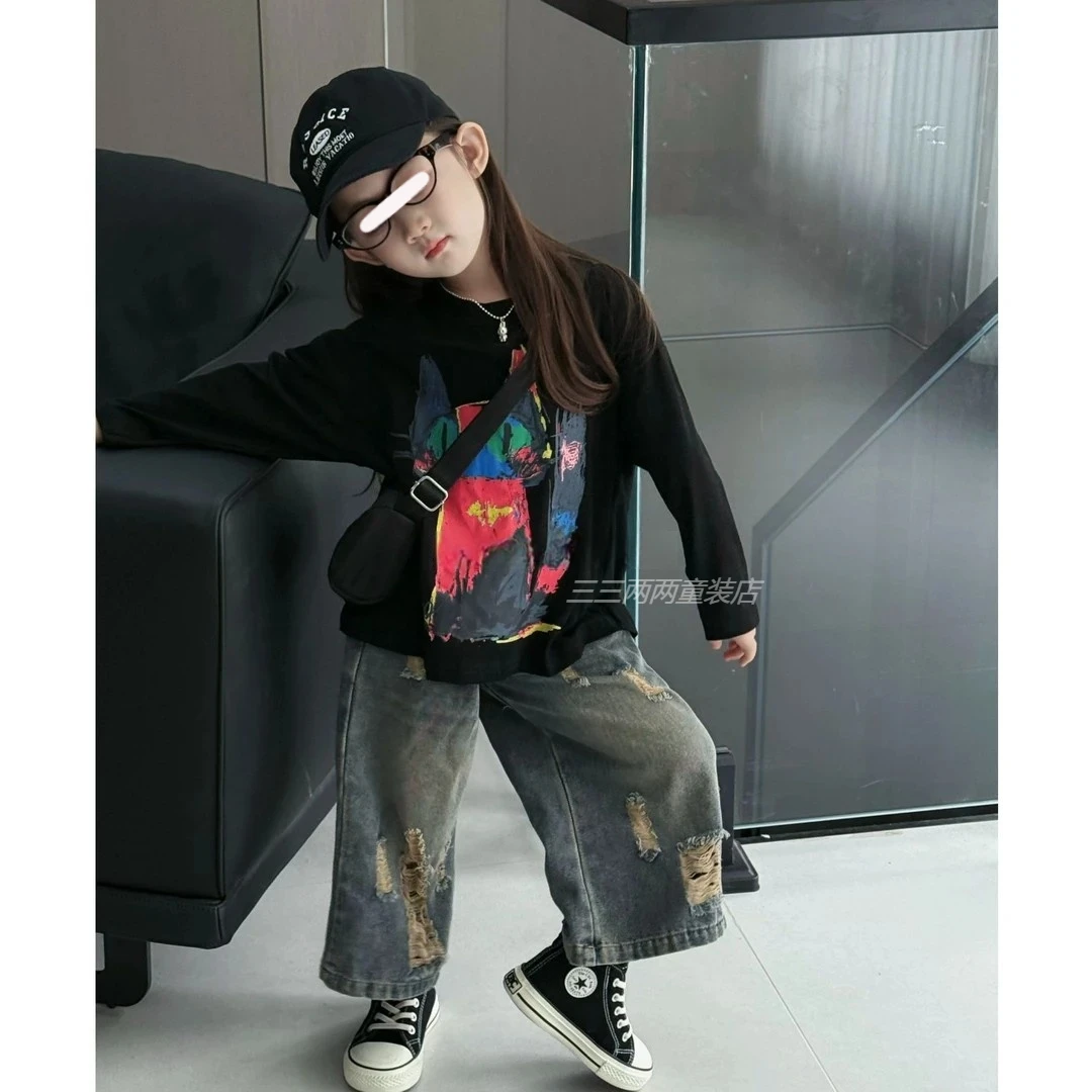 男女童秋装套装2025新款儿童春秋季潮酷涂鸦长袖破洞牛仔裤两件套