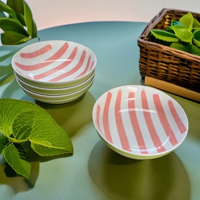 7.25英寸欧式双面印花条纹月光汤碗深盘陶瓷釉下彩家用创意餐具