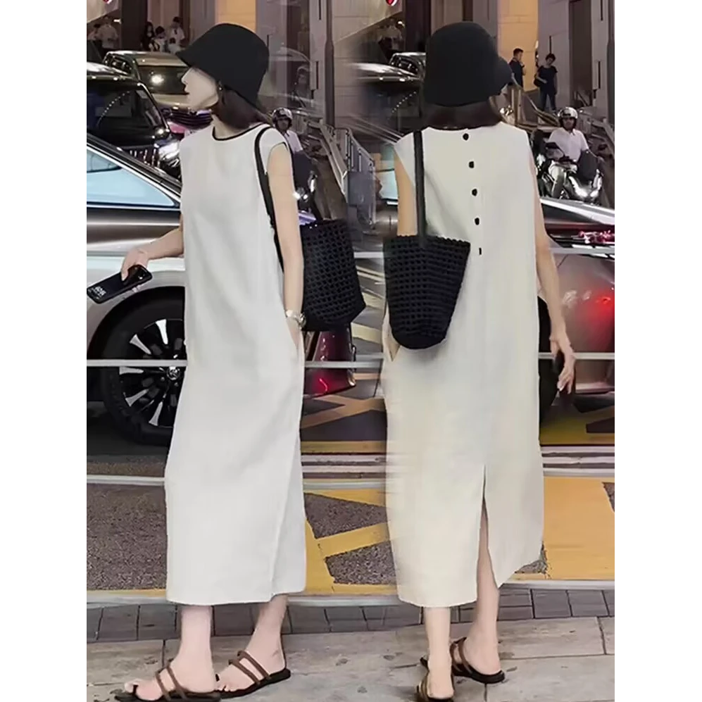 圆领无袖背心连衣裙2025新款女夏季休闲宽松显瘦时尚气质长裙子