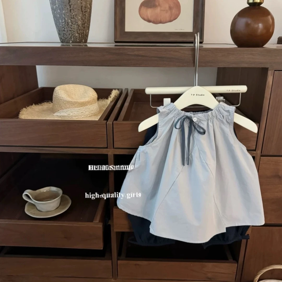 诺丁山 韩系女宝宝压褶背心上衣灰色宽松版灯笼裤子洋气套装