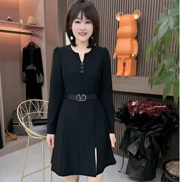 常规长袖显瘦秋季女士纯色连衣裙网红修身秋季法式气质洋气轻奢