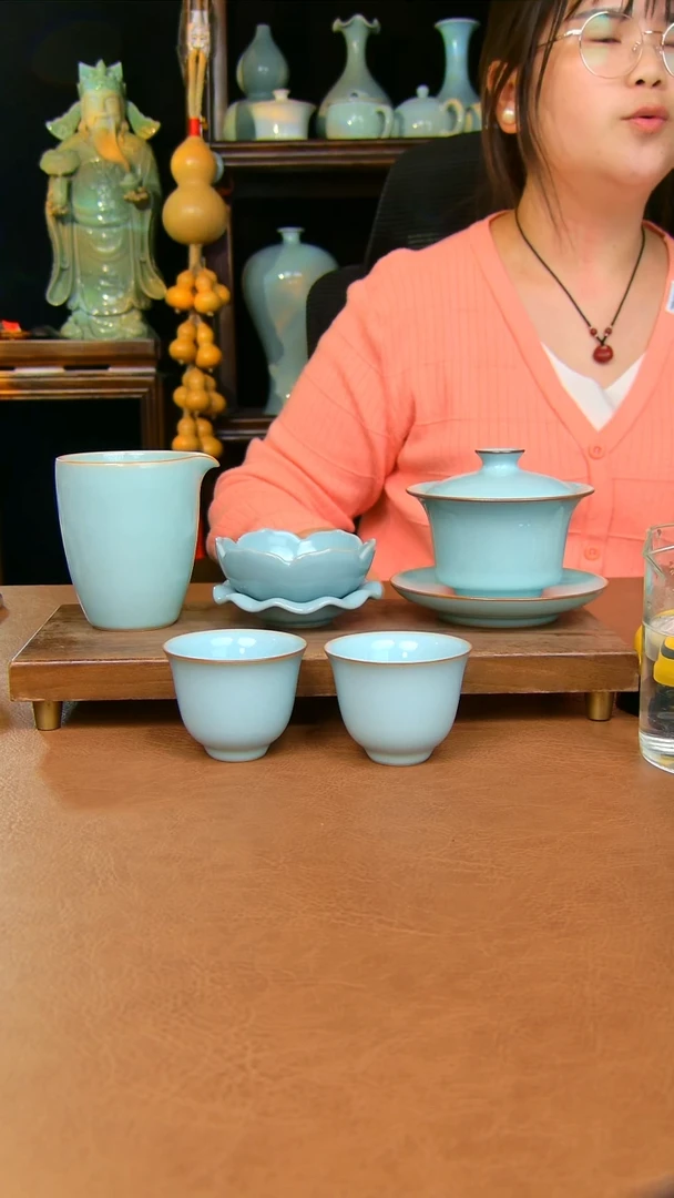 瓷片马蹄盖碗加公道加茶漏加杯子