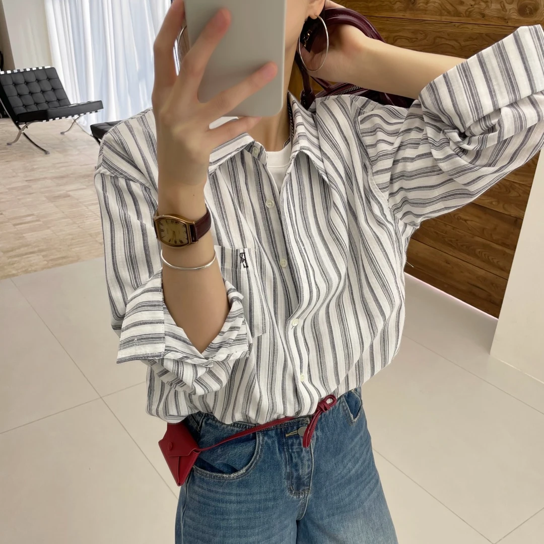 韩版新款百搭条纹刺绣衬衫C98086
