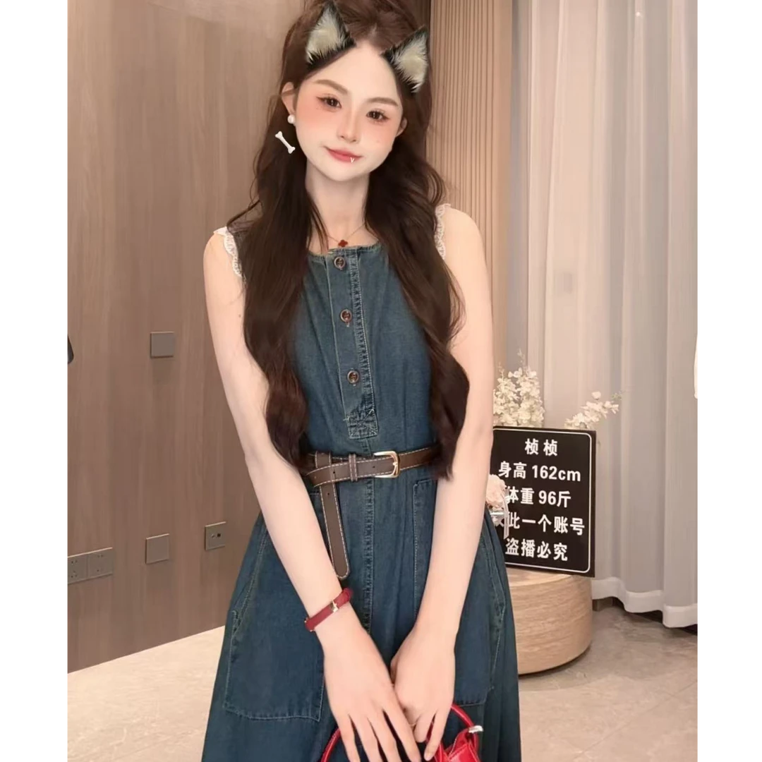 韩系chic蕾丝拼接无袖连衣裙女2025夏季薄款气质时尚牛仔复古长裙