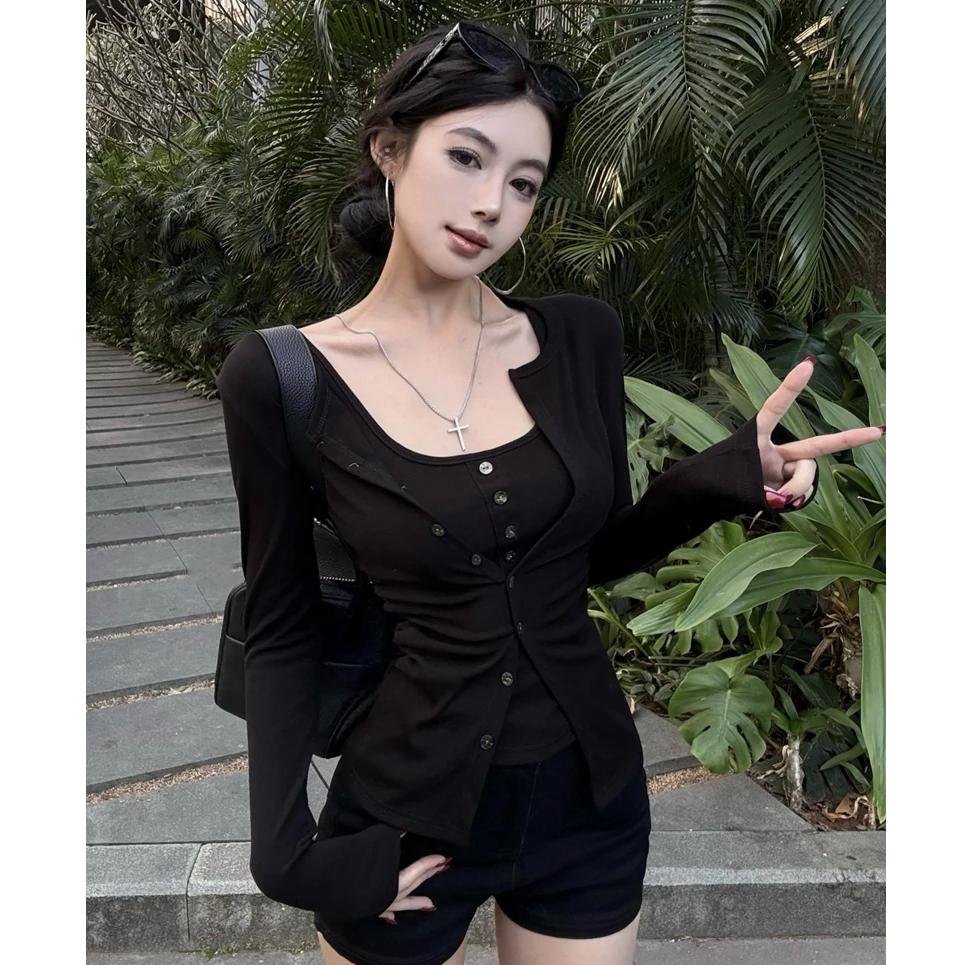 黑色纯欲辣妹风吊带背心女2025春夏季简约百搭休闲长袖开衫两件套