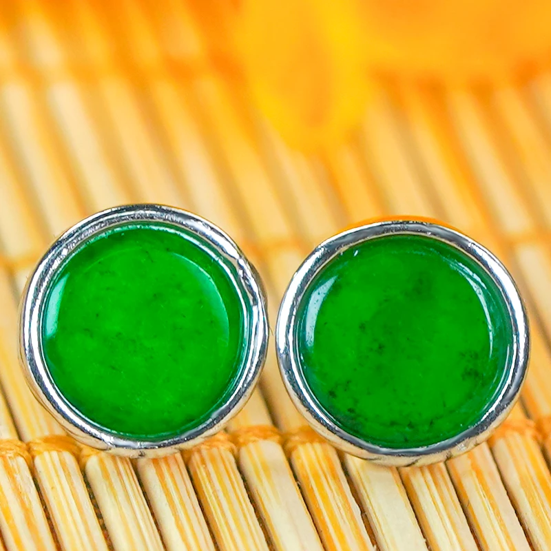 时尚气质简约风银镶嵌天然满绿翡翠A货银白色龙石小圆牌耳钉