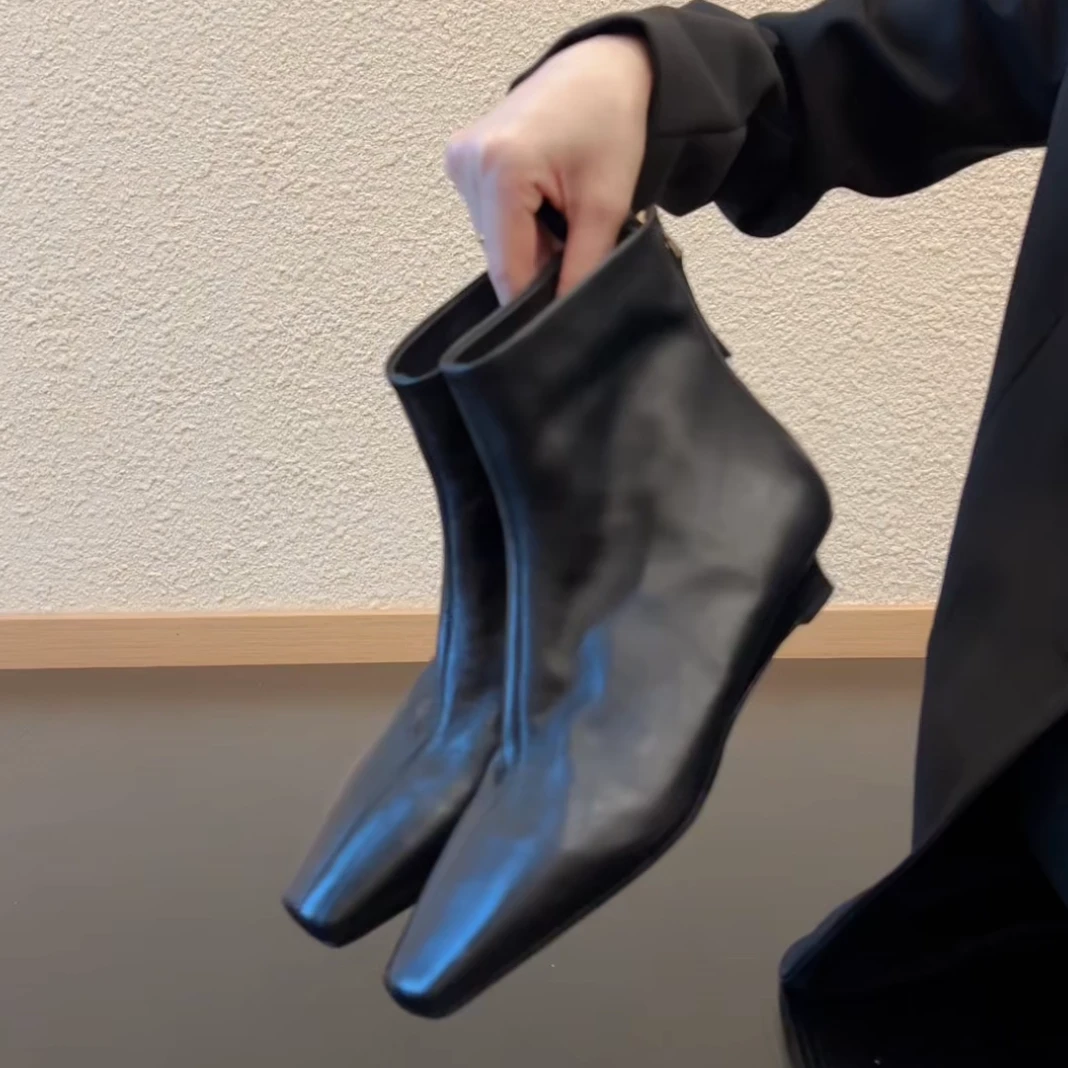 Pokoy-3cm复古短靴女方头厚底内增高短筒瘦瘦靴子