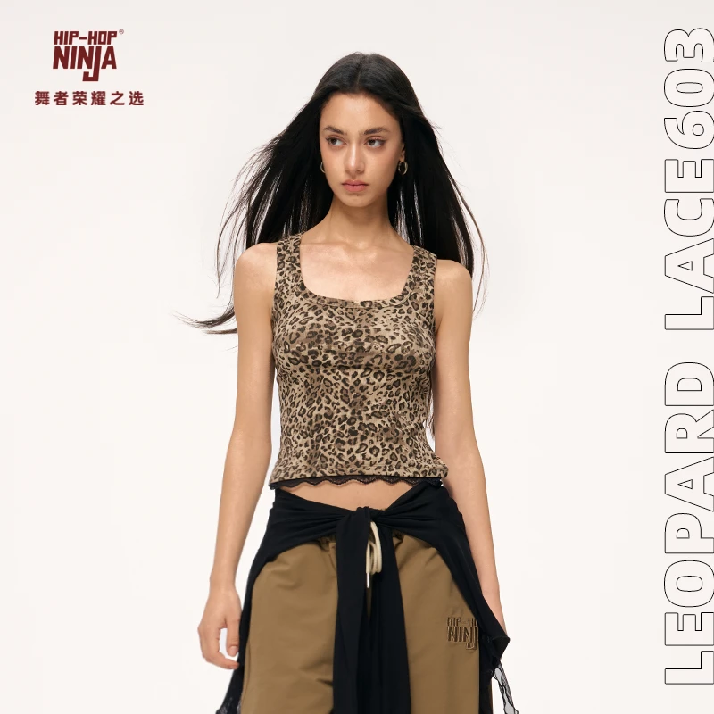 HIPHOP NINJA美式复古辣妹吊带背心女跳爵士舞外穿豹纹蕾丝上衣