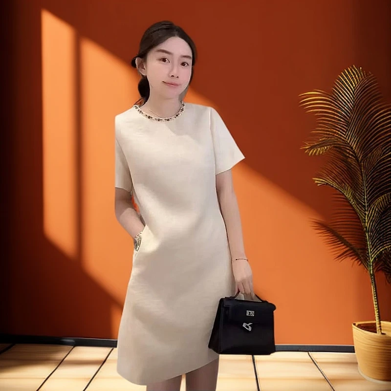 0413-夏季H型裙休闲风X型夏季连衣裙气质修身圆领百搭