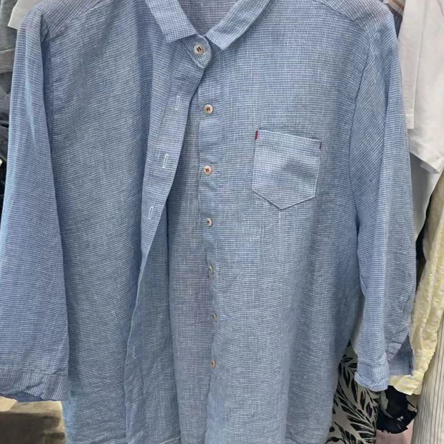 【NO退NO换】韩国东大门2025夏款蓝色格子小红线口袋衬衣