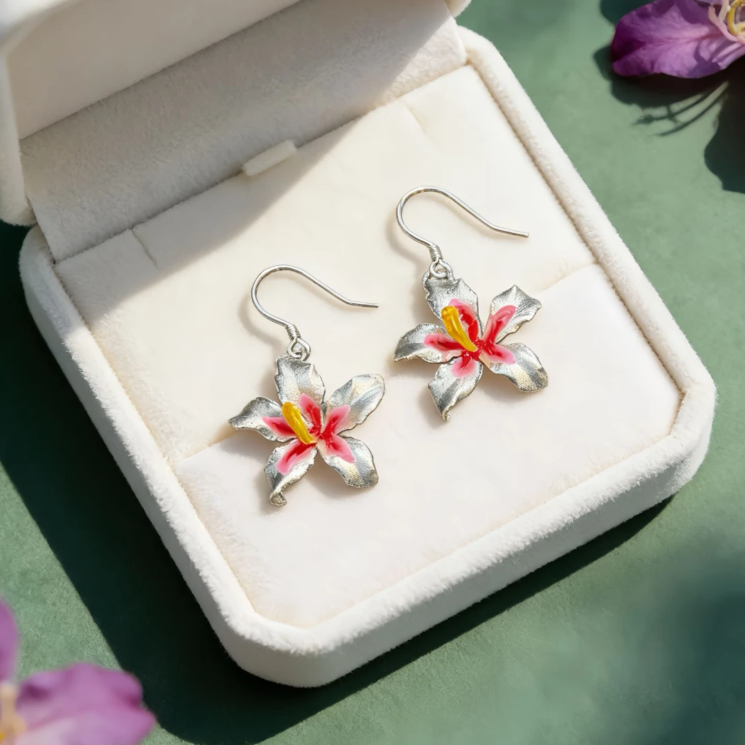 泰光银楼 925银耳饰 阿海设计S925紫荆花耳坠国风银饰轻奢百搭