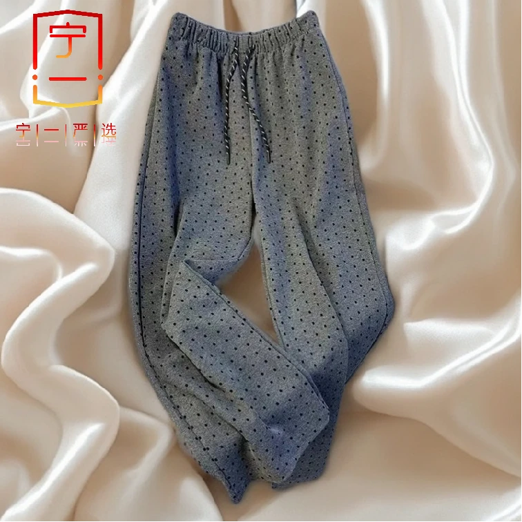 【宁一女装】波点窄版阔腿裤早秋新款松紧抽绳高腰显瘦休闲直筒长裤