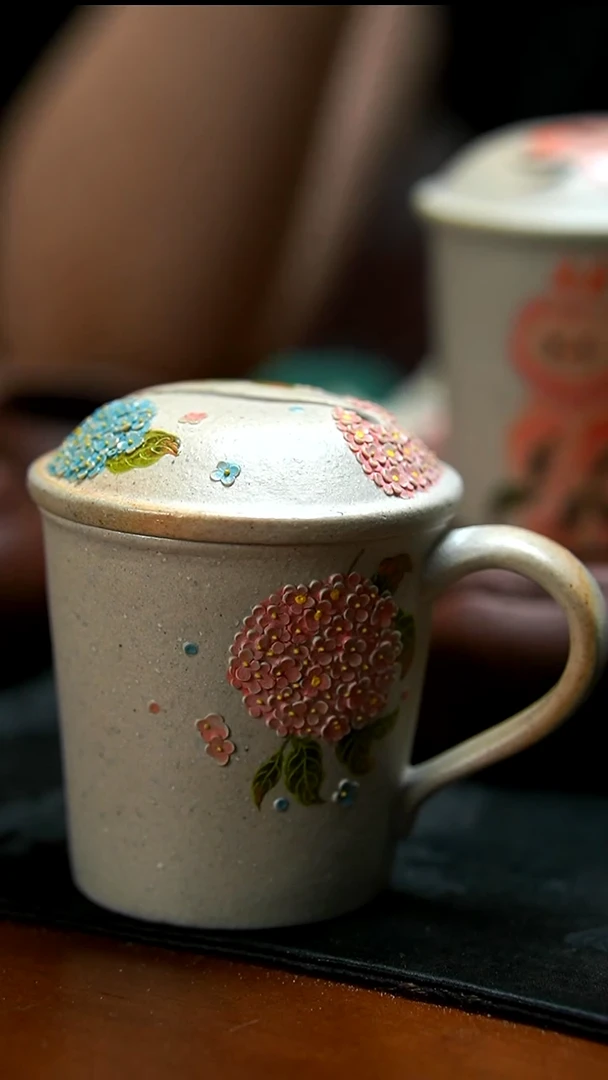 茶壶紫砂柴烧绣球花盖杯