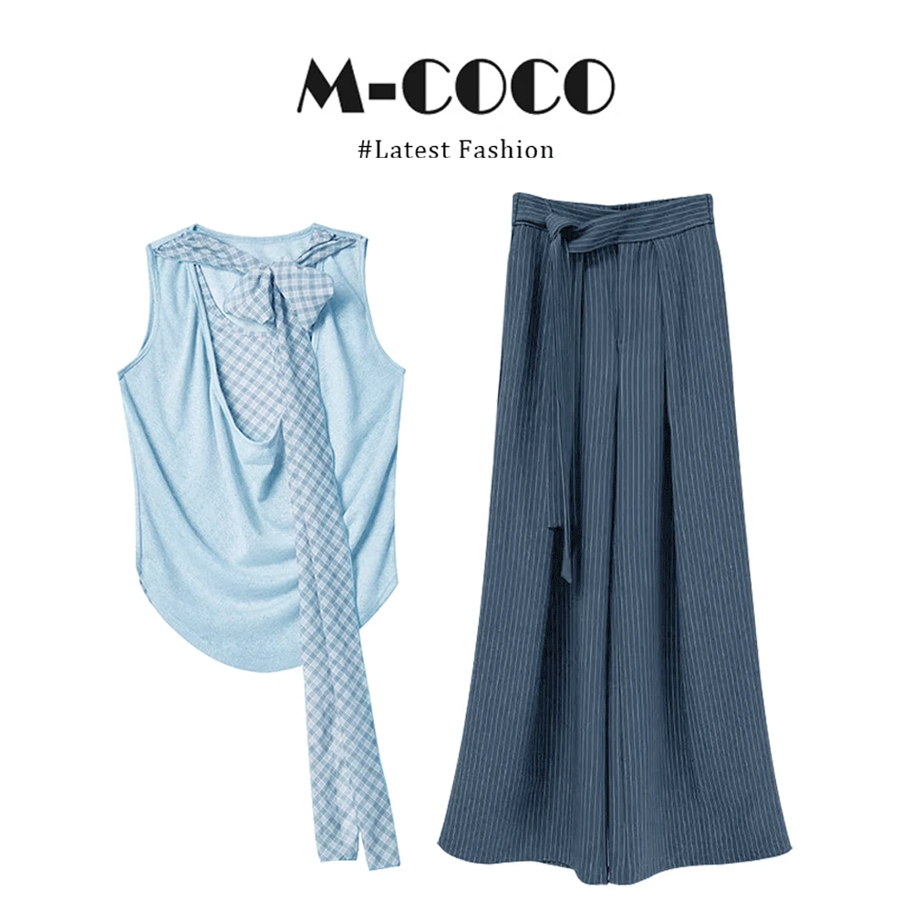 MARIE.COCO韩系高级感拼接假两件t恤格纹辣妹纯欲上衣休闲裤套装