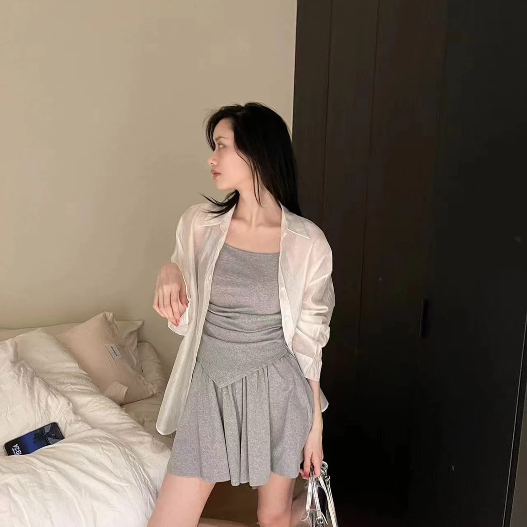 夏季胖MM防晒衬衫吊带显瘦裤衩半裙糖果系小清新三件套辣妹套装