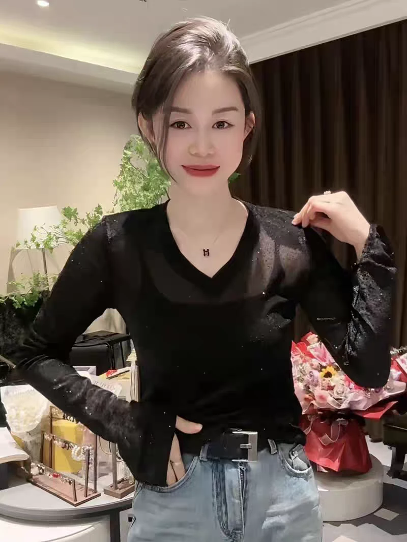 长袖分叉t恤秋季新款设计感小众闪钻气质时尚修身显瘦短款洋气