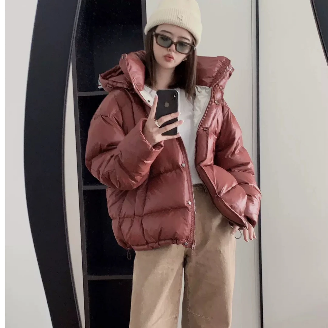 欧版立领撞色连帽女短款 2024新款亮面时髦加厚面包服羽绒服外套