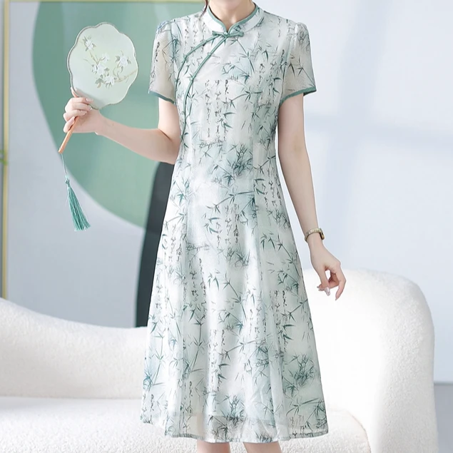 2025夏季新款气质收腰改良国风连衣裙女小个子中长款A字裙裙子