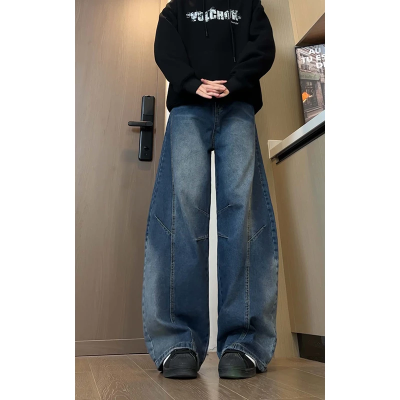 大码美式潮牌水洗解构阔腿牛仔裤男女高街复古vibe宽松显瘦弯刀裤