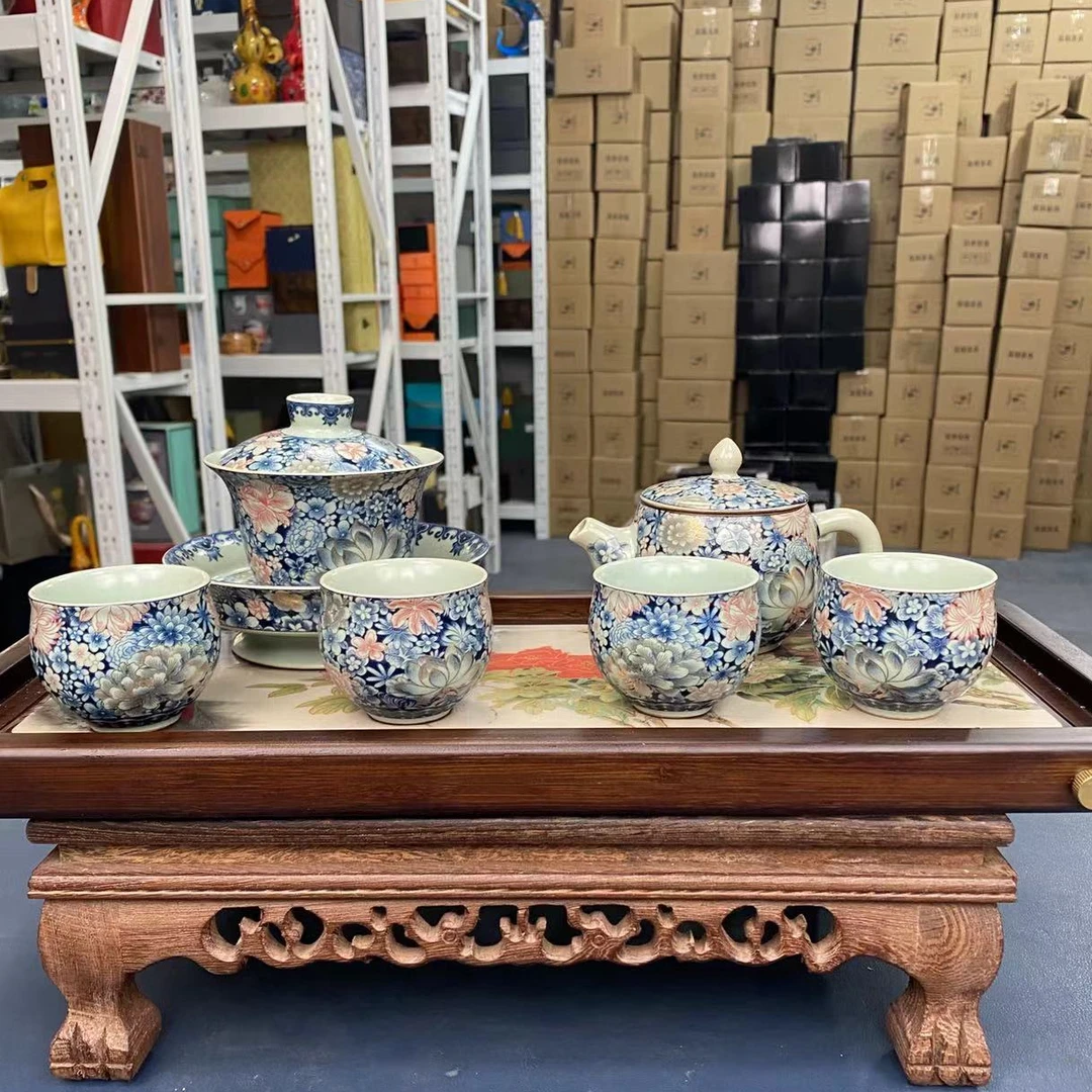 【闪购商品】汝窑繁花似锦一壶+一盖碗+四品茗杯+茶盘@@ZH2210