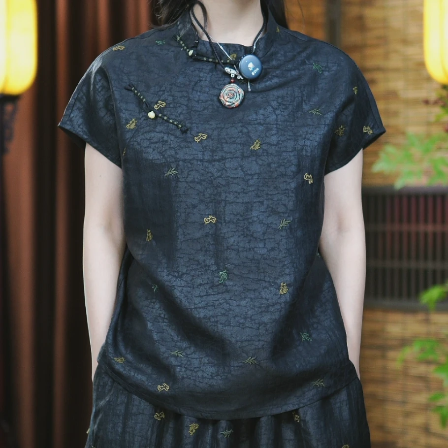 非遗香云纱100桑蚕丝改良新中式国风刺绣时尚短袖上衣复古中国风