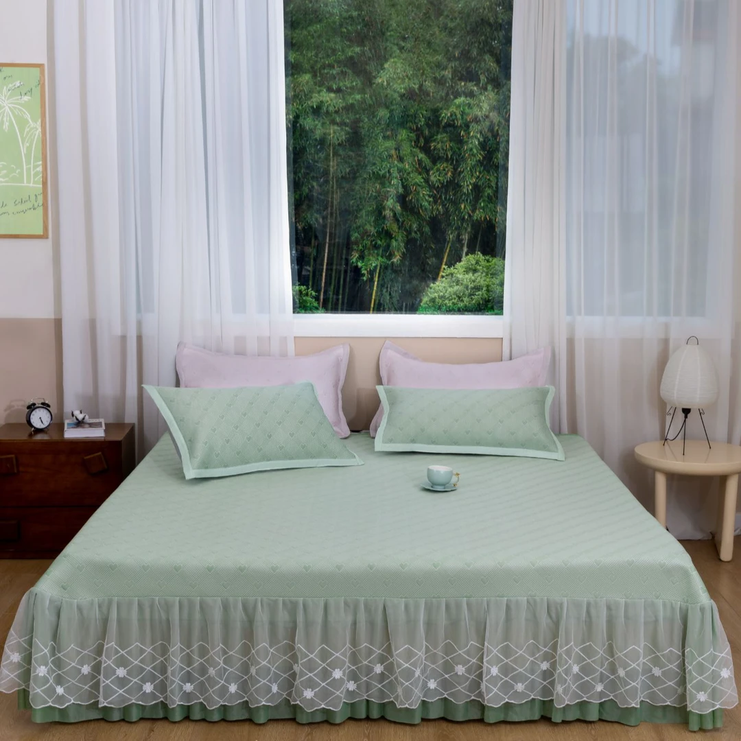 【床裙款】夏天冰丝凉席三件套裸睡折叠软席可水洗防滑—爱心