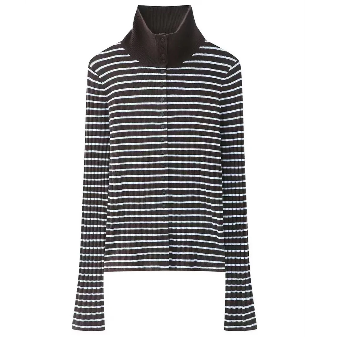 2026春季新款条纹百搭翻领修身款针织开衫显瘦上衣女