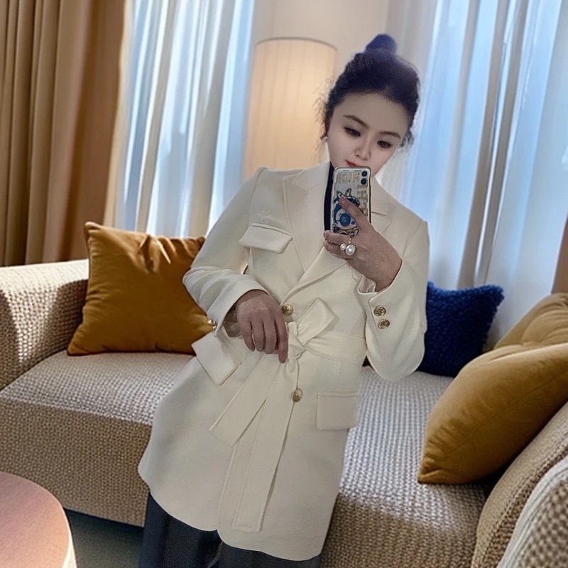 21152修身白色西服女设计师西装秋冬双排扣中长款纯色网红名媛