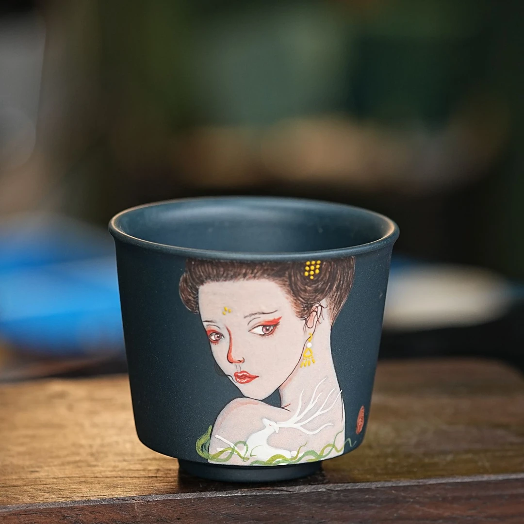 【2584美人鹿杯】宜兴原矿高端紫砂手工堆绘美人鹿主人杯