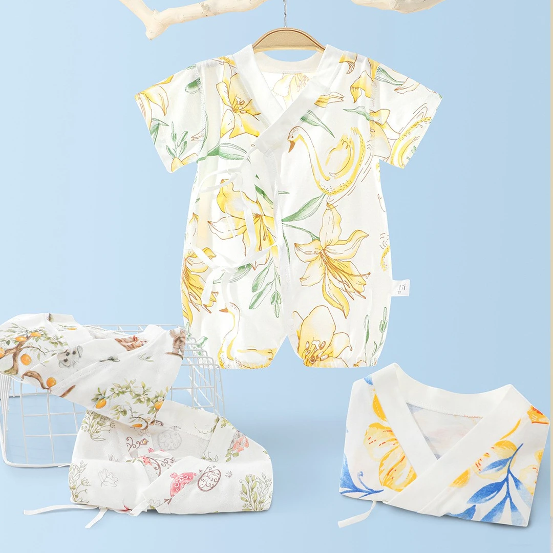 夏季婴儿衣服新生幼儿纯棉和尚服宝宝护肚蝴蝶哈衣短袖薄款连体衣