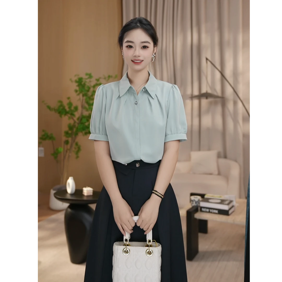 【曼贝】洋气短袖衬衫多巴胺夏季轻奢高级小众上衣8592458【冰冰】