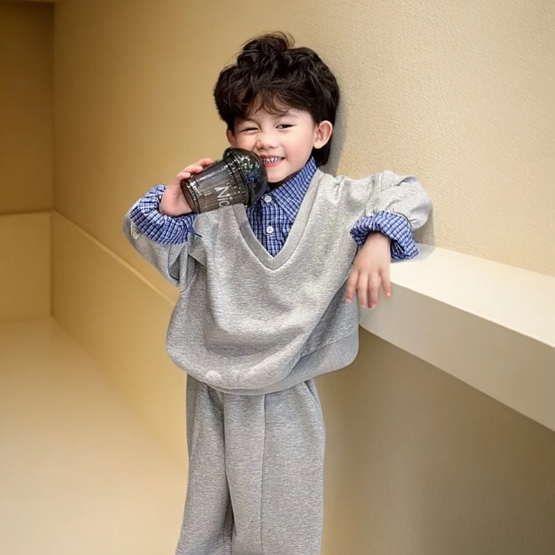 男女童假两件卫衣春秋装2025新款男孩衣服格子拼接儿童上衣两件套