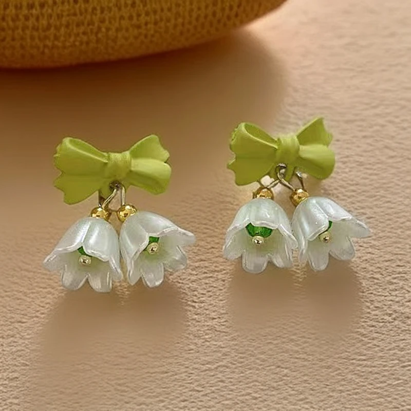 小清新白玲兰花耳钉女款绿色初夏小众甜美时尚气质耳环