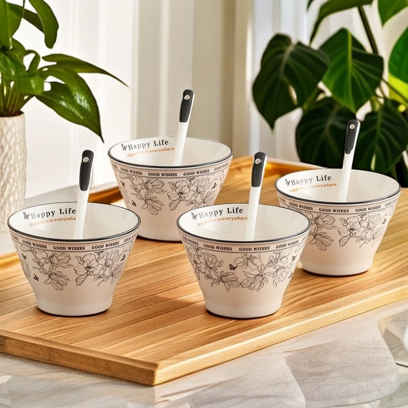 小香风碗盘餐具斗笠碗釉下彩盘子家用泡面碗陶瓷餐具汤碗陶瓷碗