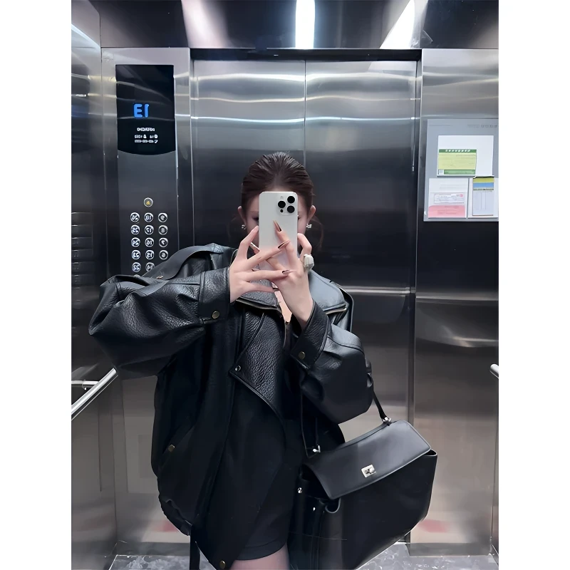 杨树林同款宽松复古皮衣女外套高级感休闲百搭黑色pu机车夹克上衣