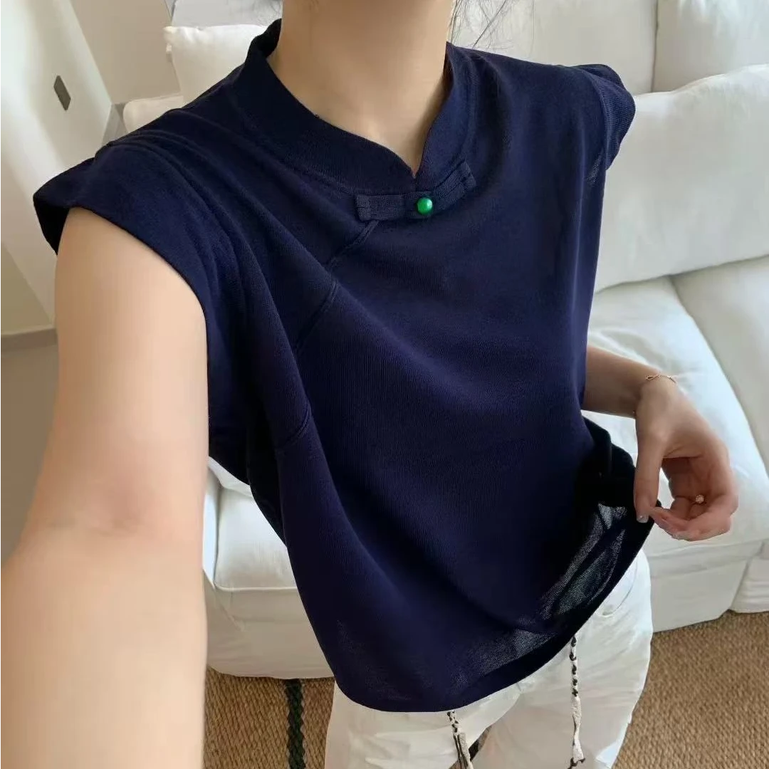 丽丽家~国风藏青时尚休闲百搭中式复古花边袖上衣458