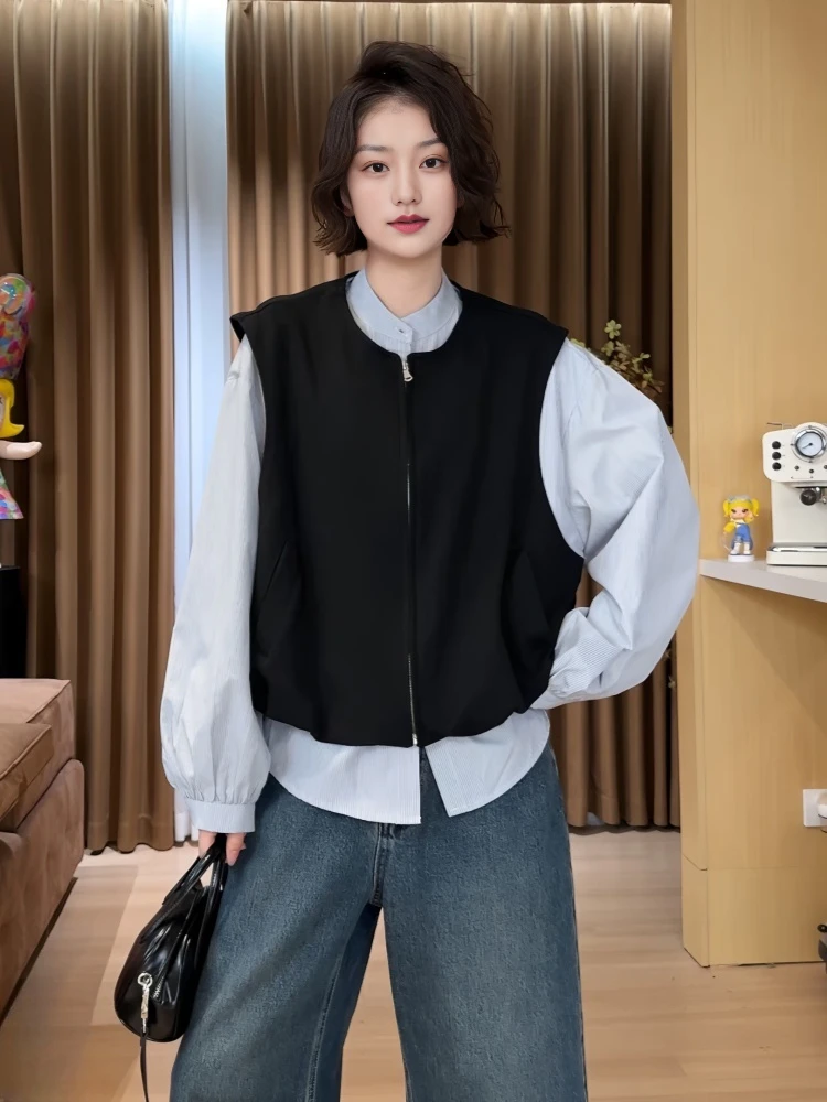 8016＃大码女装马甲拼接条纹衬衫假两件上衣早秋新款巨显瘦衬衣