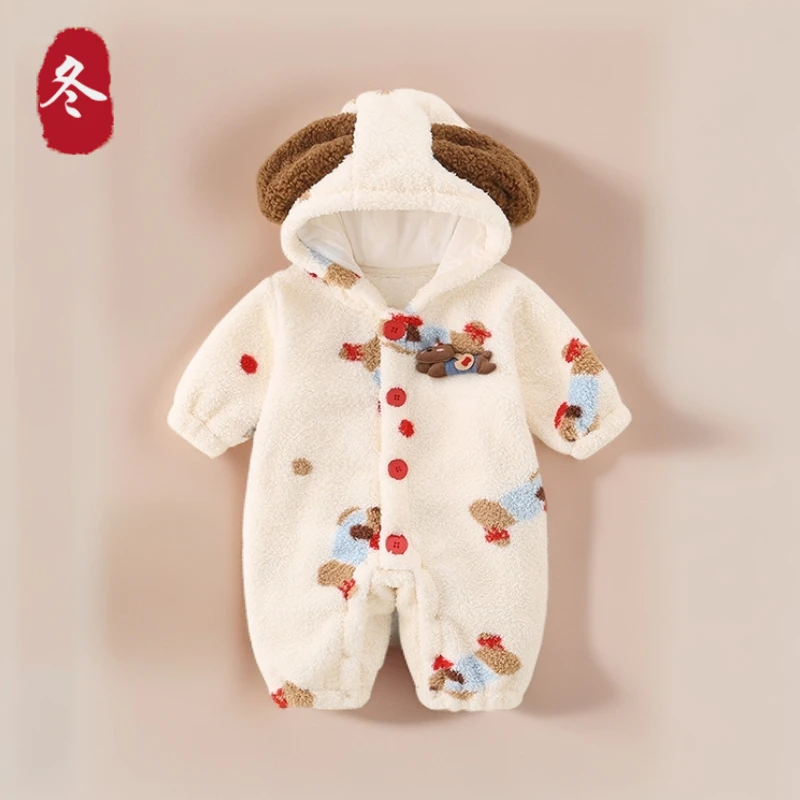婴儿衣服冬装棉服幼儿连体衣宝宝卡通加绒加厚毛毛衣新生儿外出