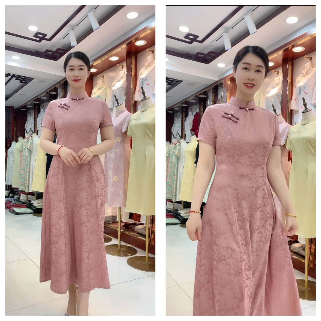 锦汐-夏季长款不开叉改良版高贵优雅七片大摆旗袍裙-粉黛佳人