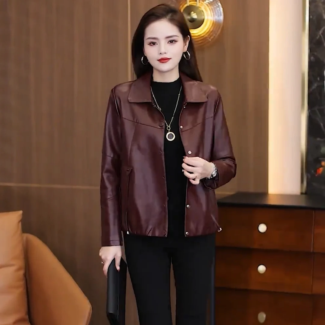 海宁短款皮衣外套女2025春秋季皮衣外套新款洋气尖领显瘦百搭上衣