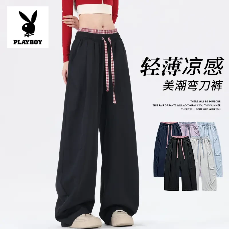 花花公子美式复古褶皱弯刀裤男士夏季宽松直筒情侣休闲裤子男款潮