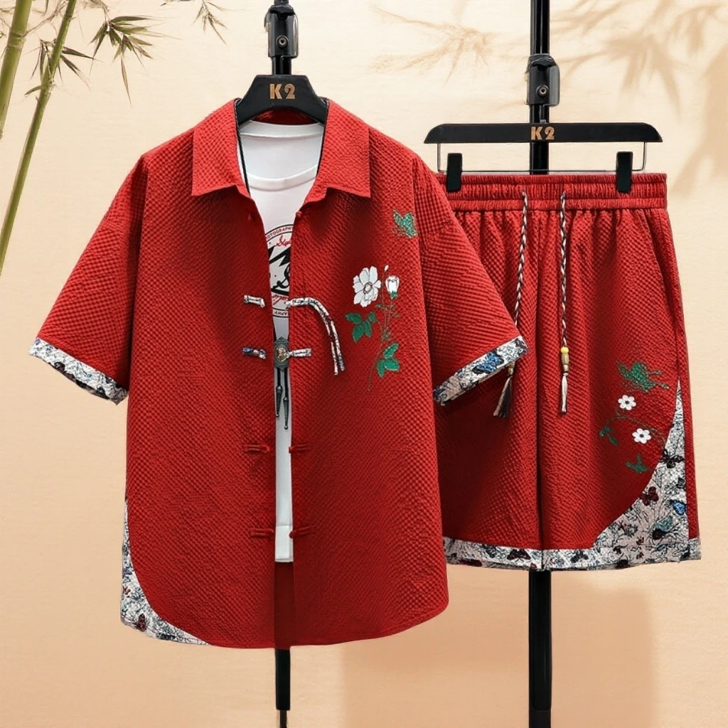 中国风夏季男士2025年国风短袖套装休闲衬衫短裤两件套时尚薄款潮