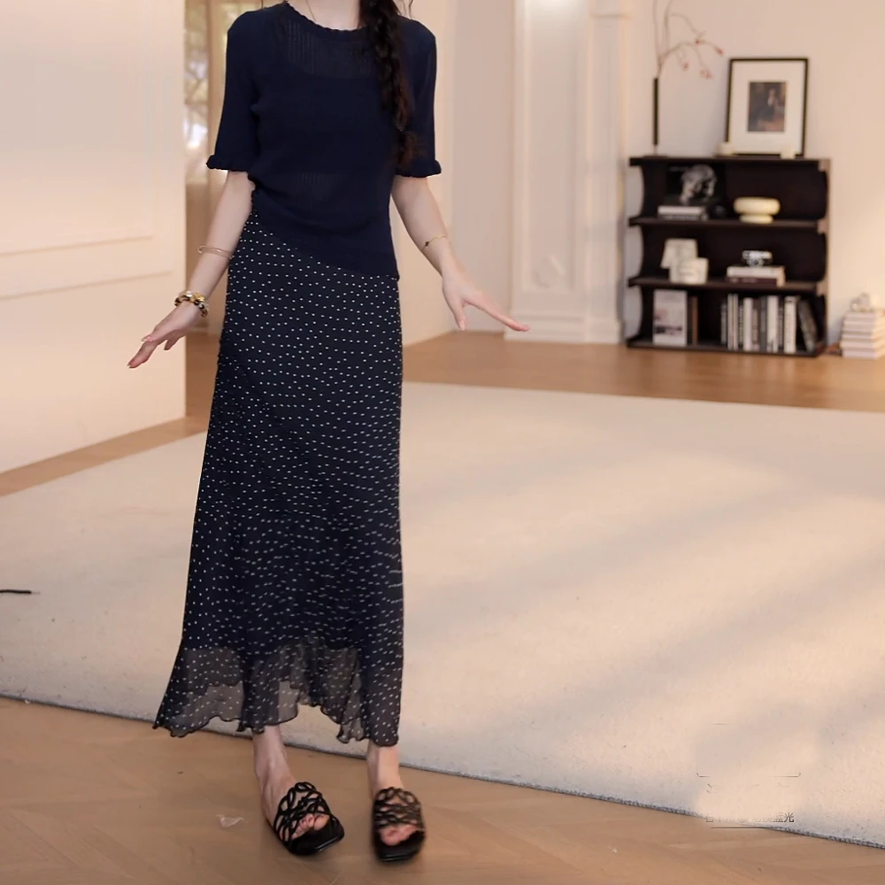 2025夏季新款两件套镂空针织衫波点半身裙长裙套装女时尚气质